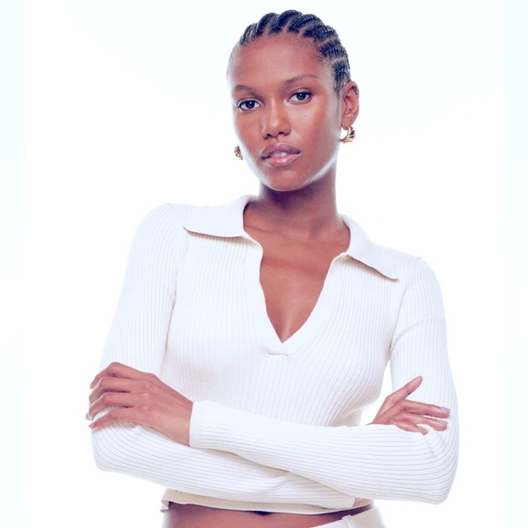 Babaton Tops - Babaton Polo Sculpt Ribbed Cropped Long Sleeve White